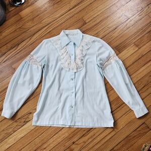 Vintage 1970s Western Victorian Light Blue Button Down Blouse with Lace Ruffle